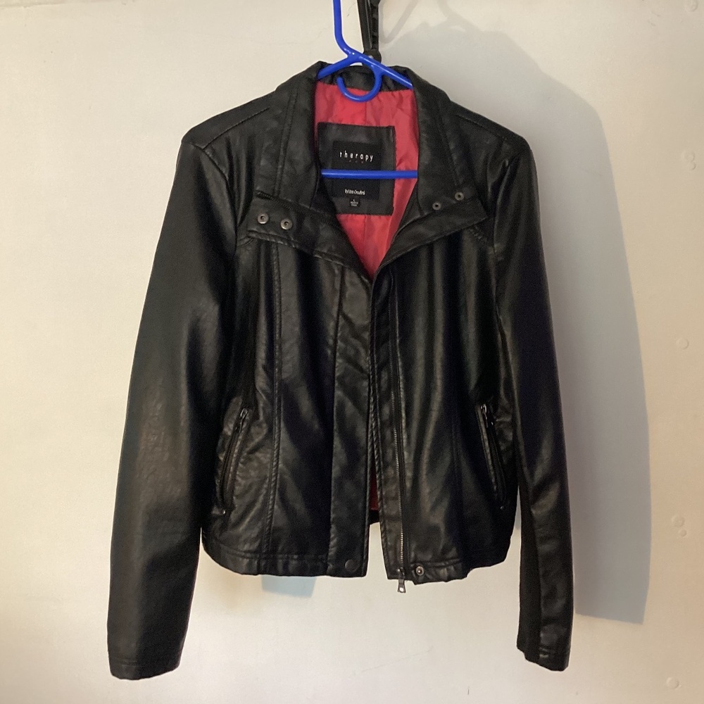 Faux Leather Biker Jacket w/ Knit Ribbed Details